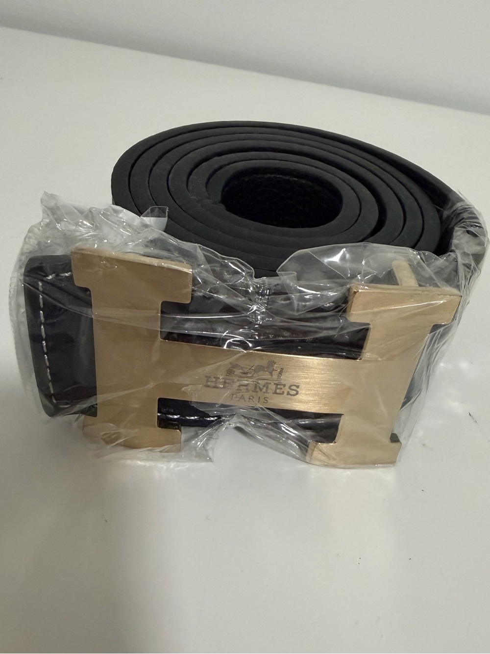 Men's Black Leather Belt with Gold H Buckle